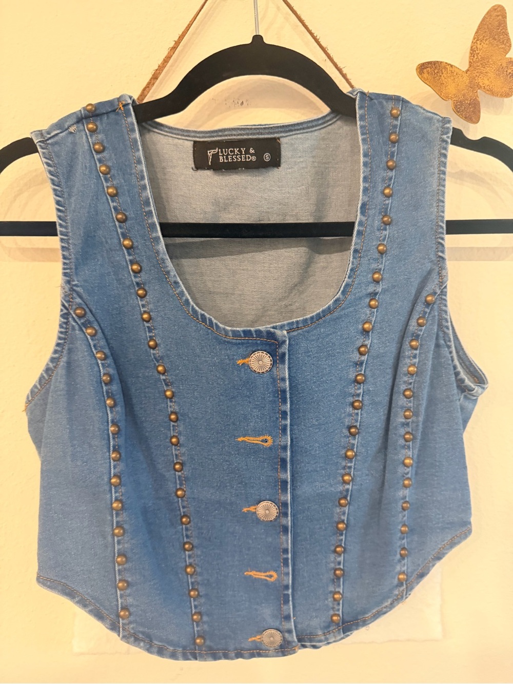 Lucky & Blessed Light Blue Denim Studded Crop Vest